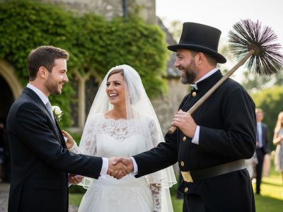 A smiling bride and groom shaking hands with a traditional chimney sweep wearing a top hat and carrying a brush, celebrating the good luck tradition of chimney sweep wedding appearances.